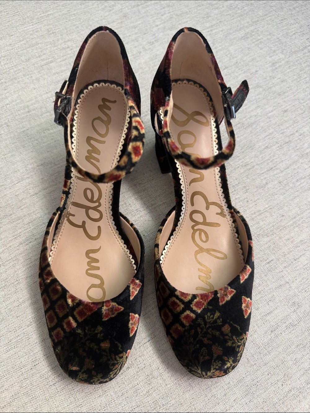 Sam Edelman Black Velvet Floral Ankle-Strap Block Heels - Picture 3 of 9